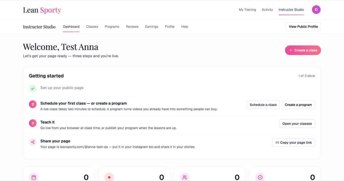 Your Studio dashboard